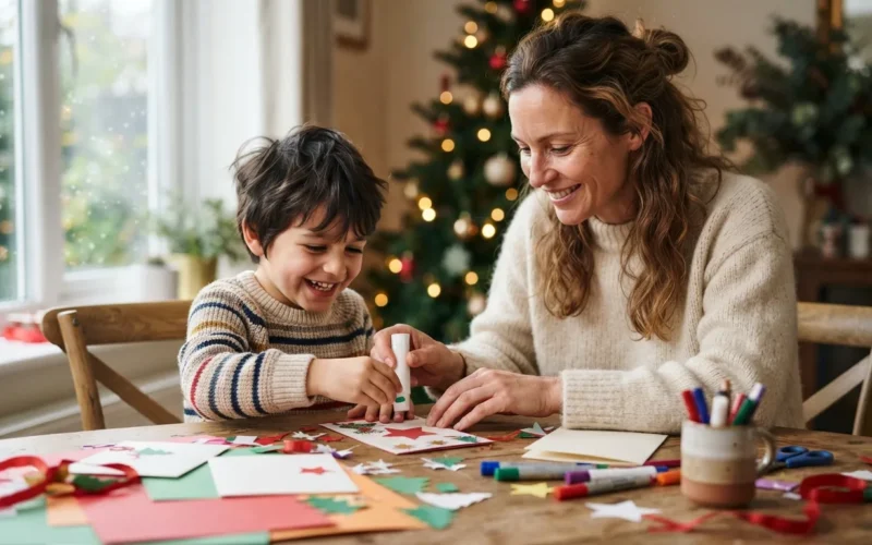 a parent and child making holiday cards together