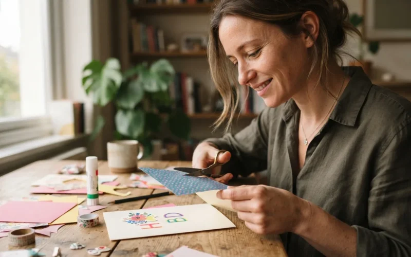 a person making a handmade birthday card with colorful paper and scissors