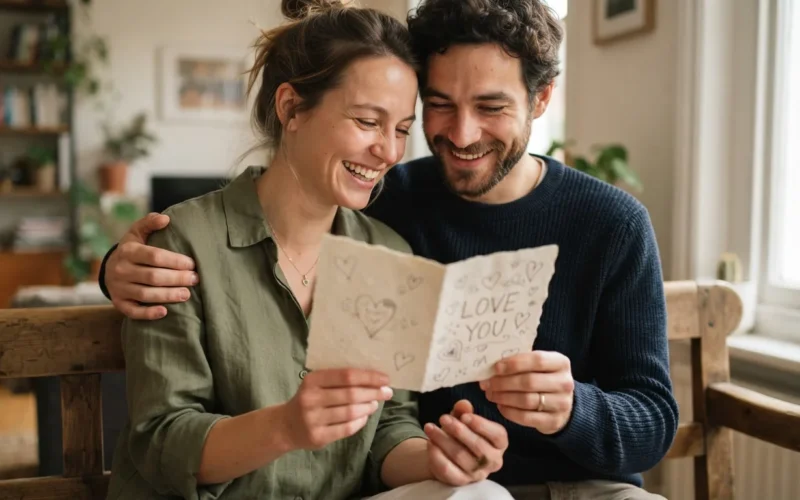 a couple holding a handmade card