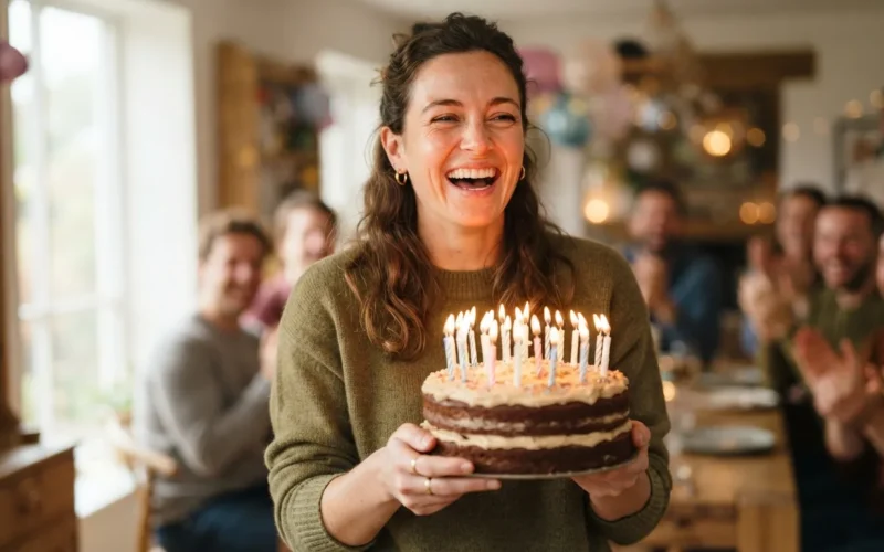 a woman laughing while holding a birthday cake with candles