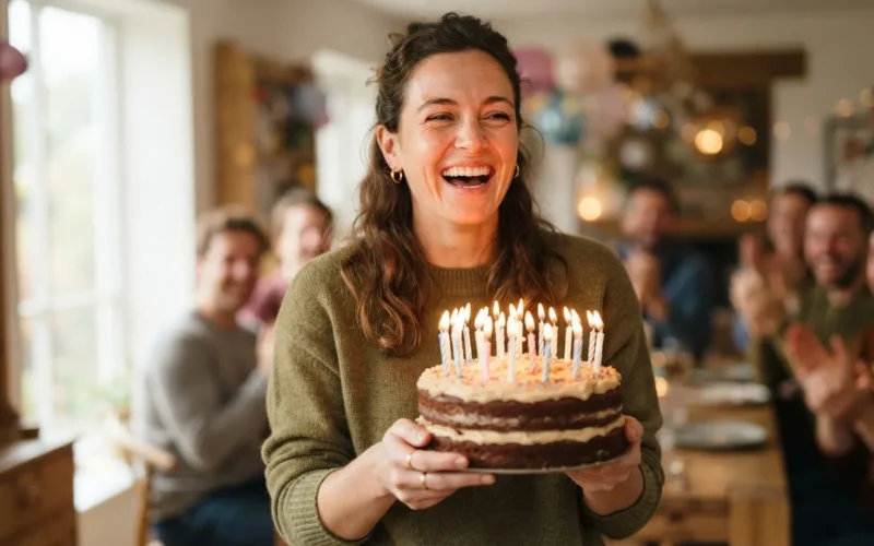 a woman laughing while holding a birthday cake with candles