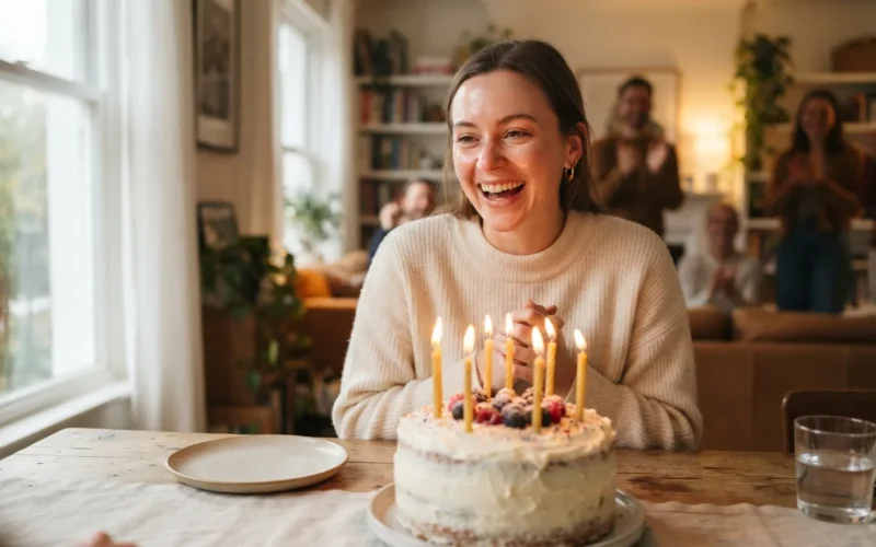 a person celebrating a birthday with a cake and candles