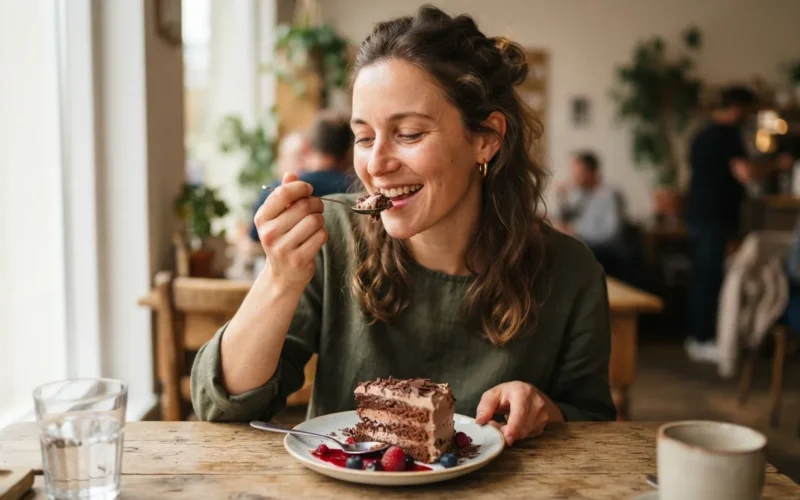 a person eating a sweet dessert