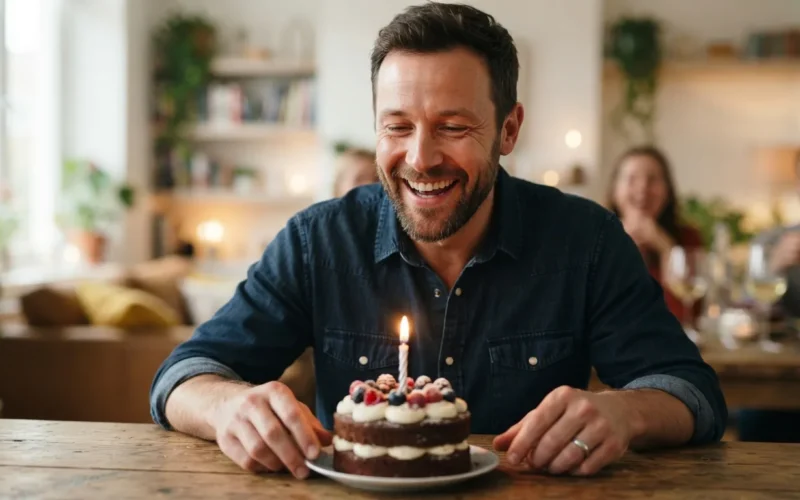 a man celebrating his birthday with a cake and candles