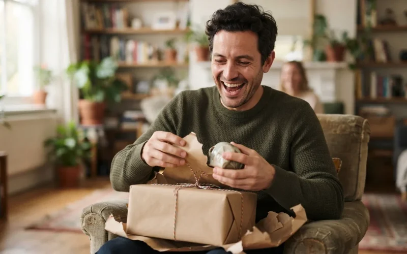 a man laughing while opening a gift