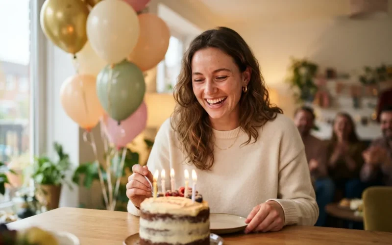 a person celebrating a birthday with a cake and balloons