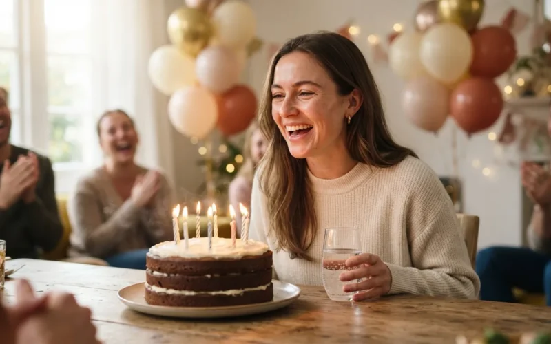 a person celebrating a birthday with a cake and balloons