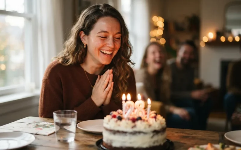 a person celebrating a birthday with a cake and candles