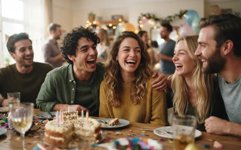 a group of young people laughing at a birthday party
