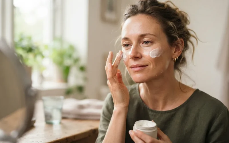 a woman applying skincare cream