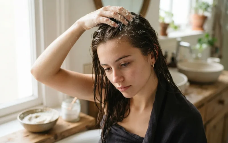 a woman applying a scrub to her scalp