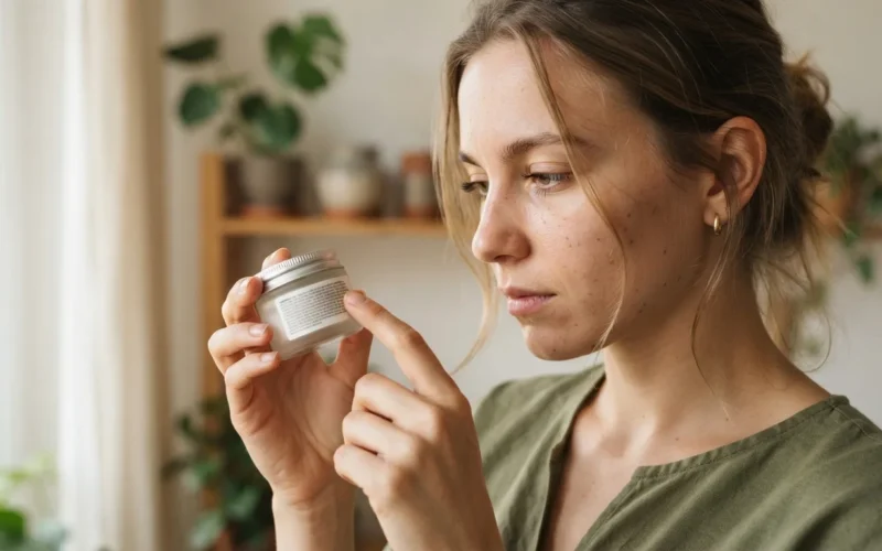 a woman reading the ingredient list on a makeup product