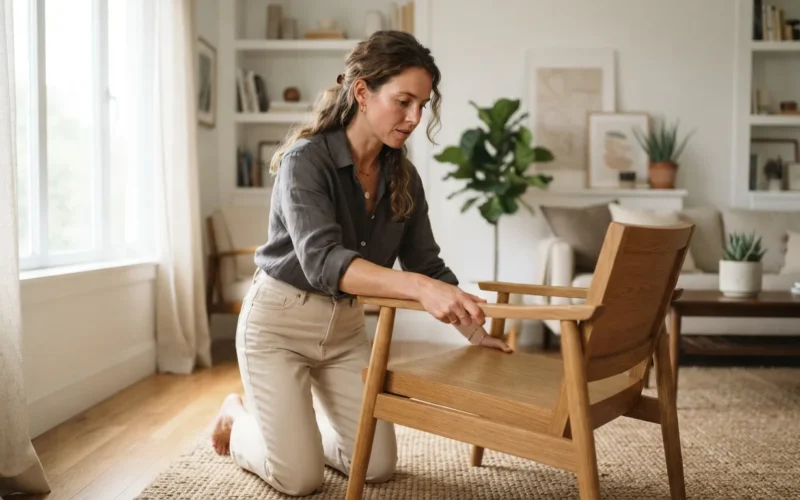 a person arranging furniture in a stylish room
