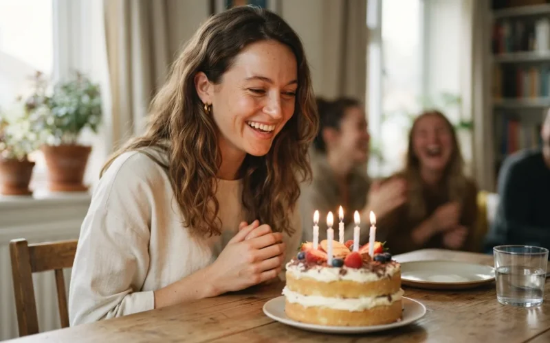 a woman celebrating her birthday with a cake and candles
