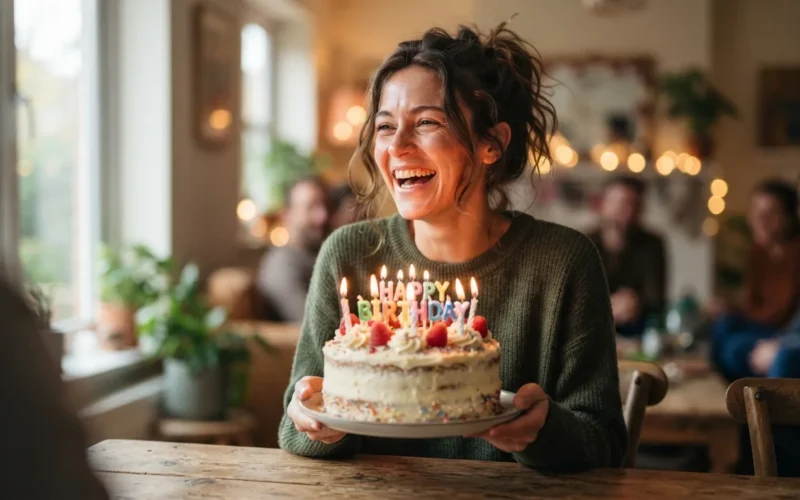 a person laughing while holding a birthday cake with candles