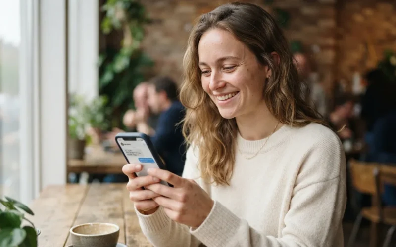 a person smiling while holding a phone showing a greeting