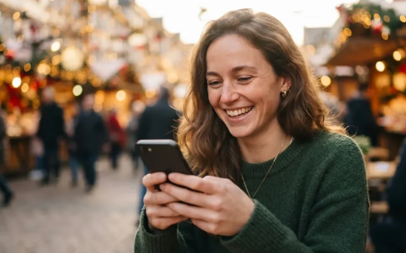 a person smiling while holding a smartphone with festive lights in the background