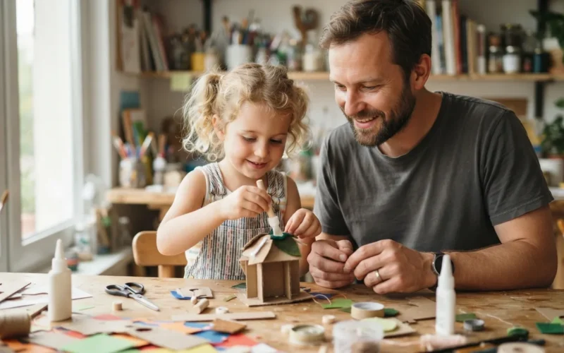 a father and child crafting together