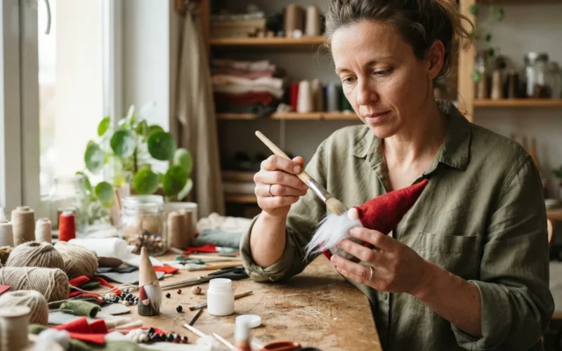 a person crafting a small decorative gnome