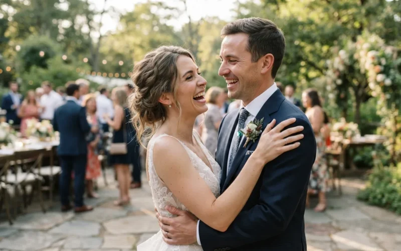 a laughing couple at a wedding reception