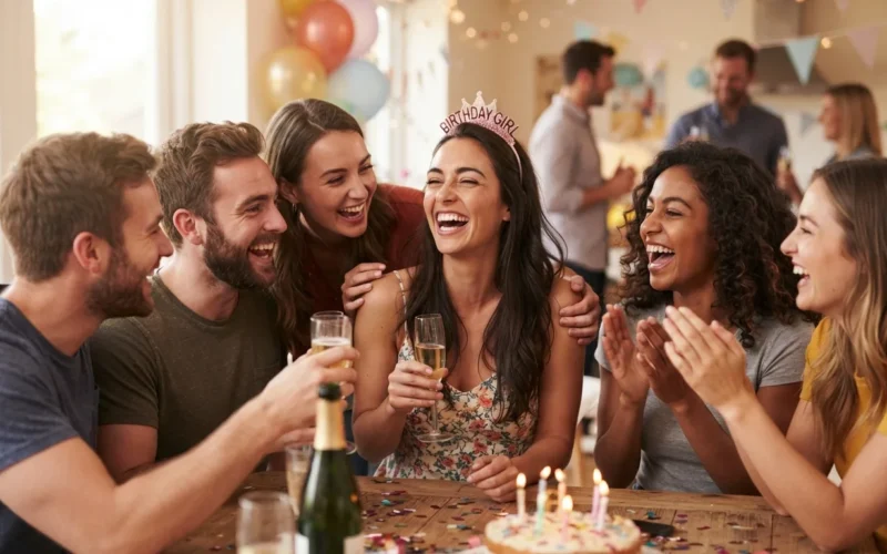a group of friends laughing and celebrating at a birthday party
