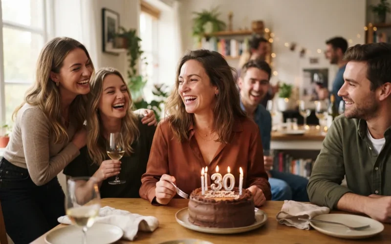 a woman celebrating her birthday with friends and a cake