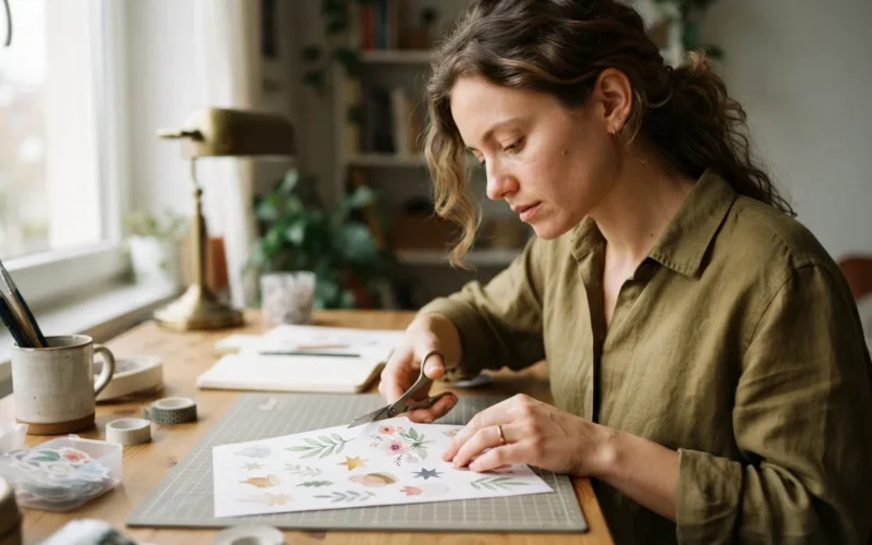 a person cutting out decorative stickers at a desk
