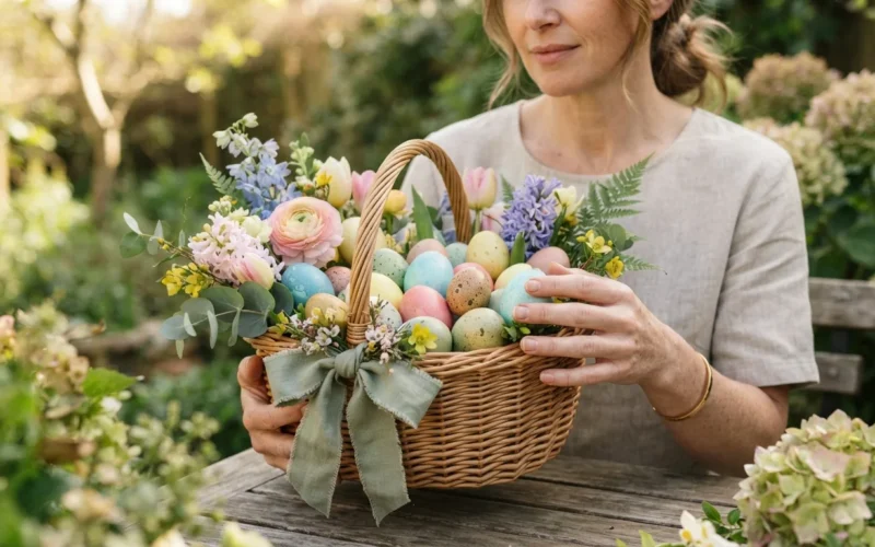 a decorated Easter basket with colorful eggs and spring flowers