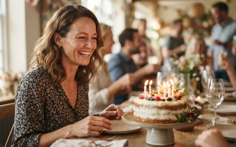 a woman or man smiling at a birthday party with a cake