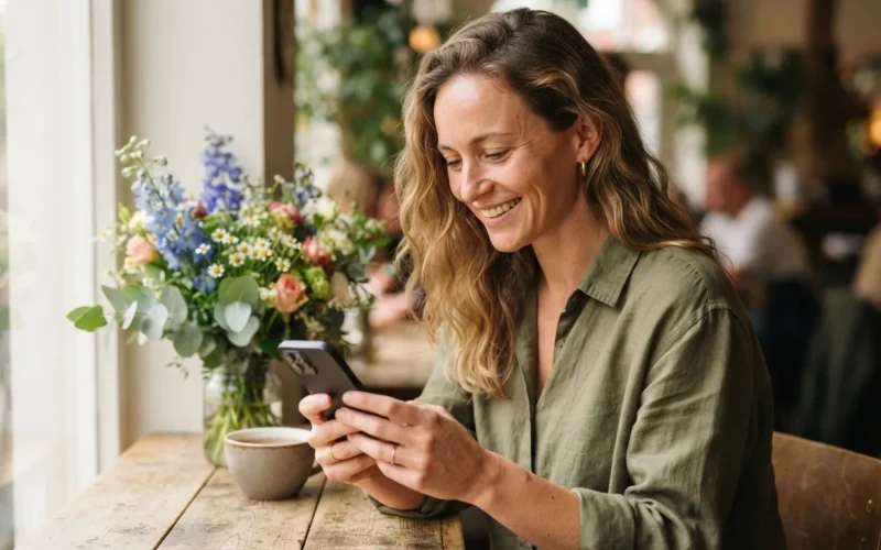 a woman smiling while reading a message on her phone, with flowers nearby