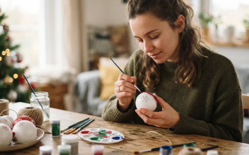 a person painting a styrofoam Christmas bauble at a table