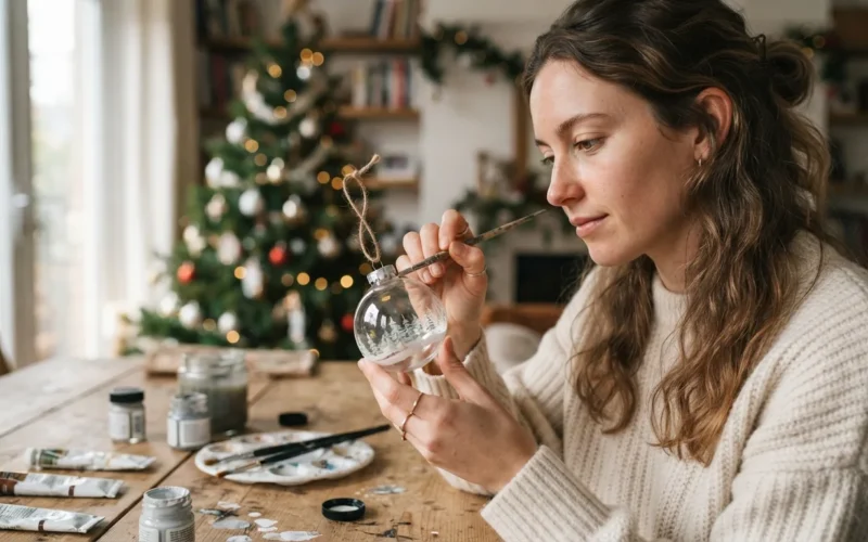 a person painting a clear acrylic Christmas ornament