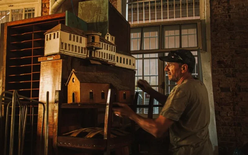 A man examines detailed architectural miniatures inside a vintage-style room with warm lighting.