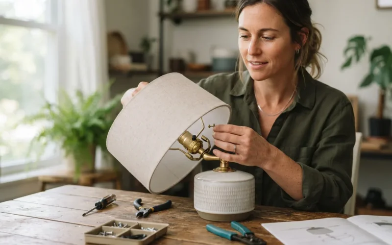 a person assembling a decorative lamp at a table