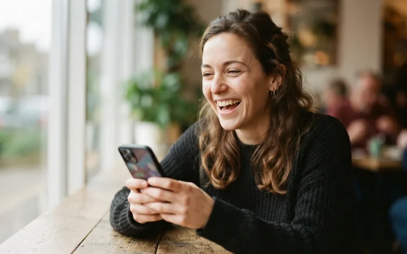 a person smiling and laughing while looking at a phone or computer screen