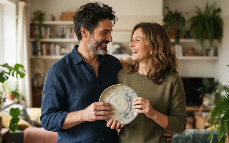 a smiling couple holding a porcelain plate or figurine together