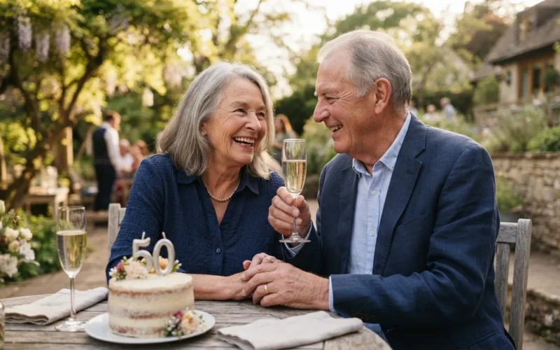 an elderly couple celebrating an anniversary