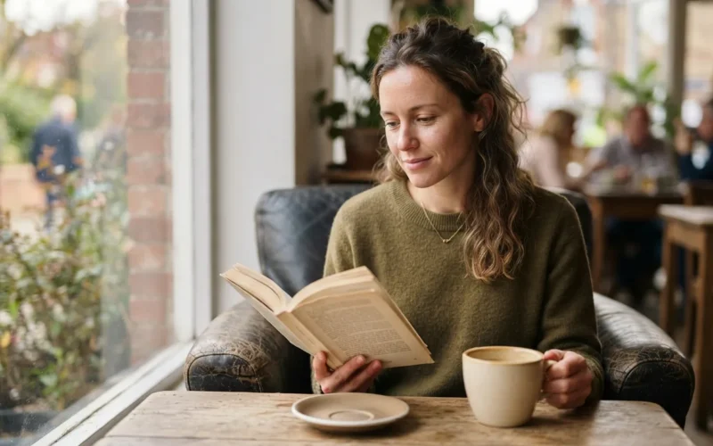 a person sitting peacefully with a book and a cup of coffee