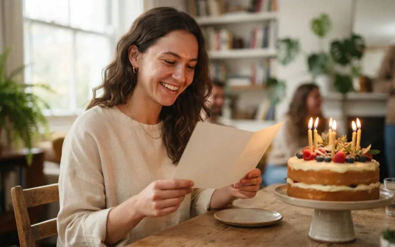a young woman holding an open birthday card with a candlelit cake nearby