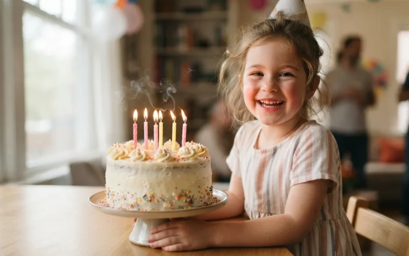 a child smiling next to a birthday cake with candles