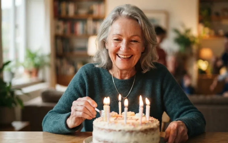 a smiling older woman with a birthday cake