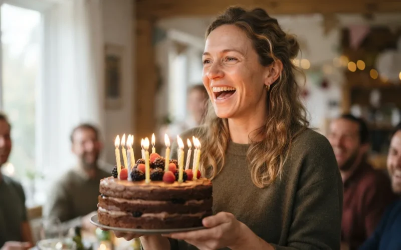 a woman laughing while holding a birthday cake with candles