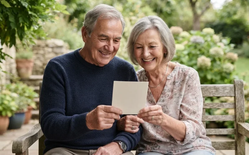 a smiling elderly couple holding a greeting card