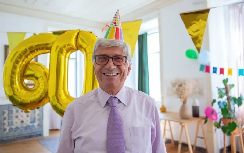 Happy senior man celebrates 60th birthday with balloons and decorations indoors.
