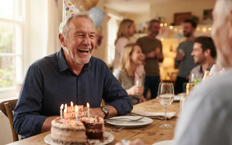 an older man laughing at a birthday party with a cake