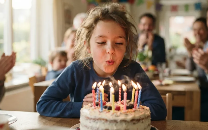 a young person blowing out candles on a birthday cake