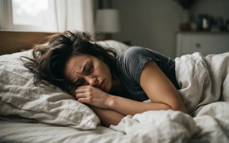 a woman sleeping restlessly in bed