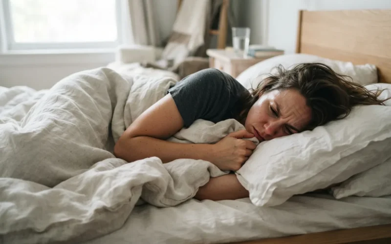 a person sleeping restlessly in bed