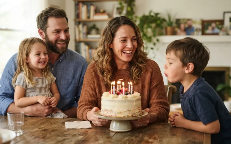 a smiling mother with her family and a birthday cake