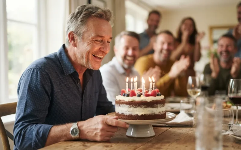 a man in his 50s celebrating with a birthday cake